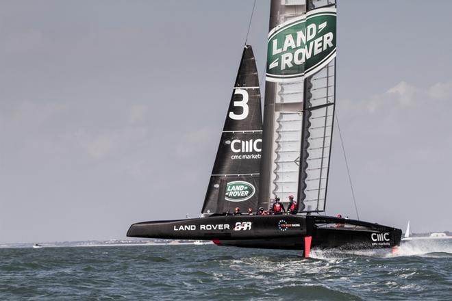 Land Rover BAR’s newly launched T2 takes off on the Solent © Land Rover BAR